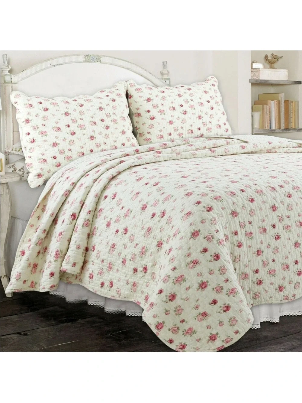 Shabby Chic Floral King Quilt 100% Cotton 1 Pillow Sham